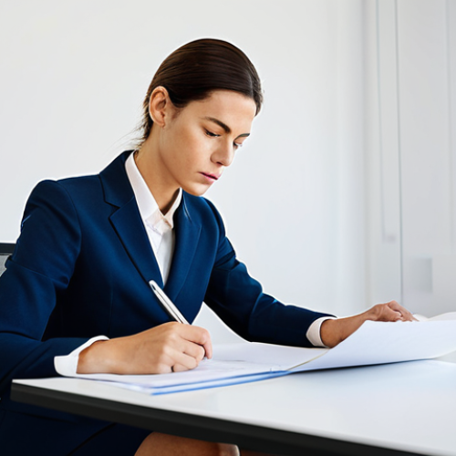 효과적인 문제 해결을 위한 수렴적 사고 - Focused Professional at Desk**

"A businesswoman in a professional, fully clothed business suit sits...