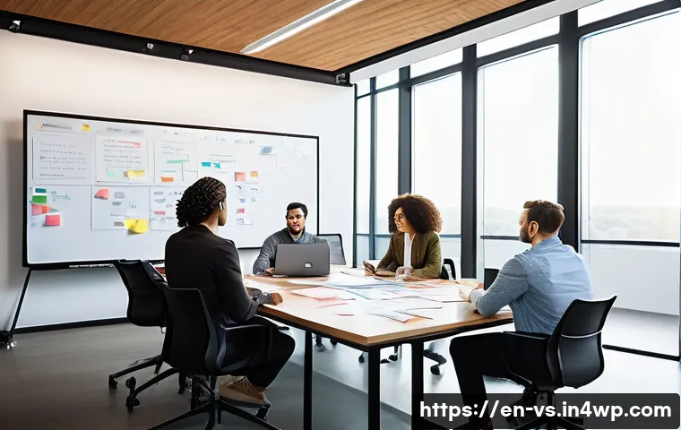 수렴적 사고의 실제 적용을 위한 체크리스트 - A modern office setting with a diverse group of professionals gathered around a large table, activel...